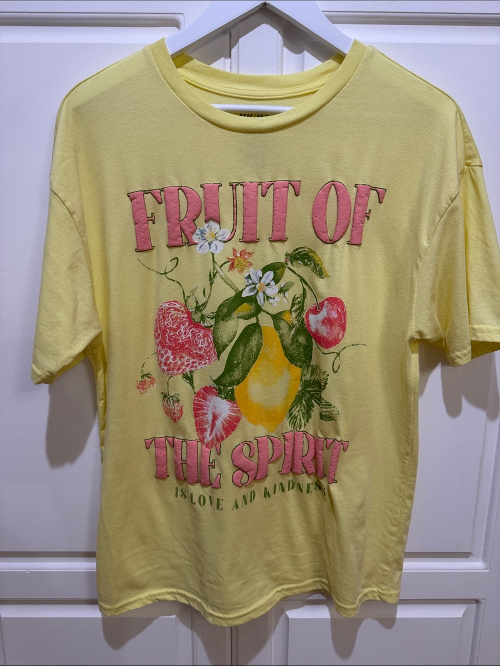 Mighty Fine Yellow 'Fruit of the Spirit' Graphic Tee with Pink Lettering